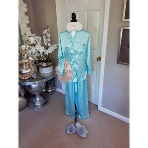 Poems blue & white polka dot satin-like pajama long sleeve top & pants set M